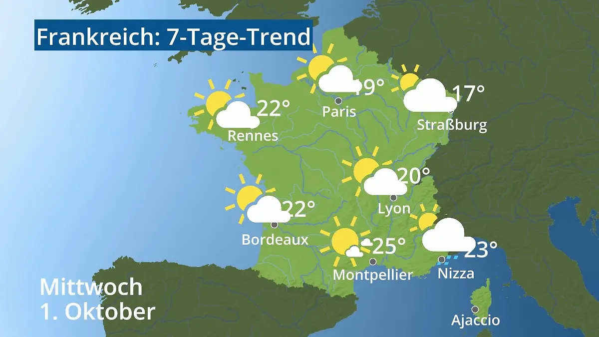 Frankreich: Wie wird das Wetter? Video 7-Tage-Trend: Paris, Straßburg, Nizza, Korsika