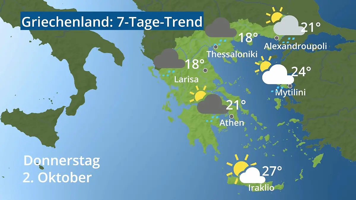 Griechenland: Wie wird das Wetter? Video 7-Tage-Trend: Athen, Kreta, Lesbos