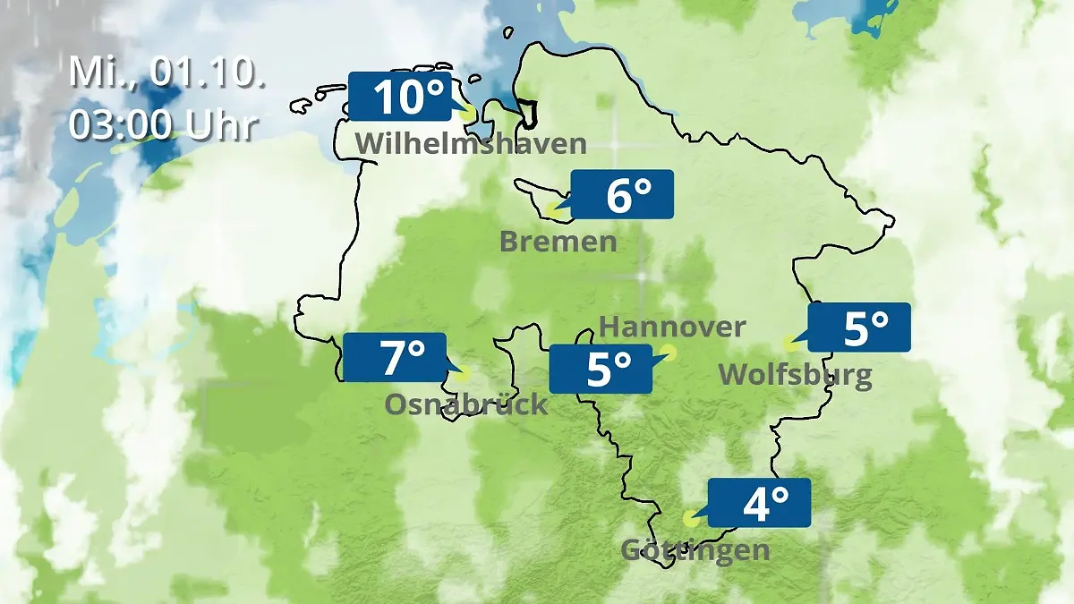 Bremen und Niedersachsen: Wie wird das Wetter? Regen- und Wolkenfilm für Hannover, Osnabrück und Wolfsburg