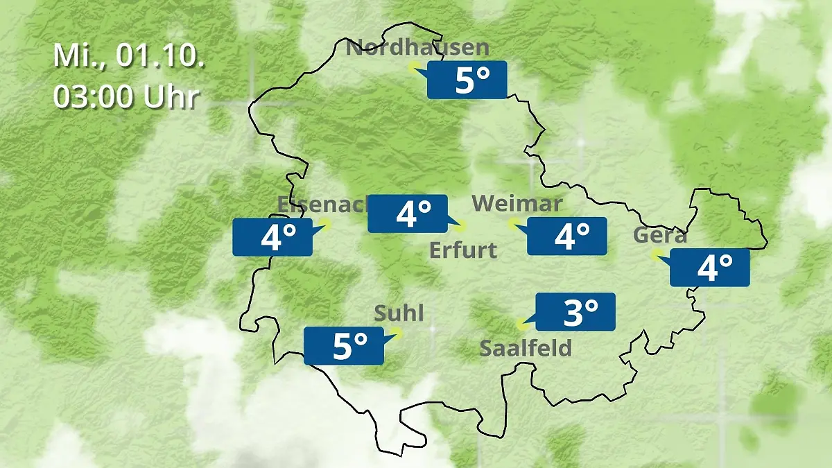 Thüringen: Wie wird das Wetter? Regen- und Wolkenfilm für Erfurt, Gera und Eisenach