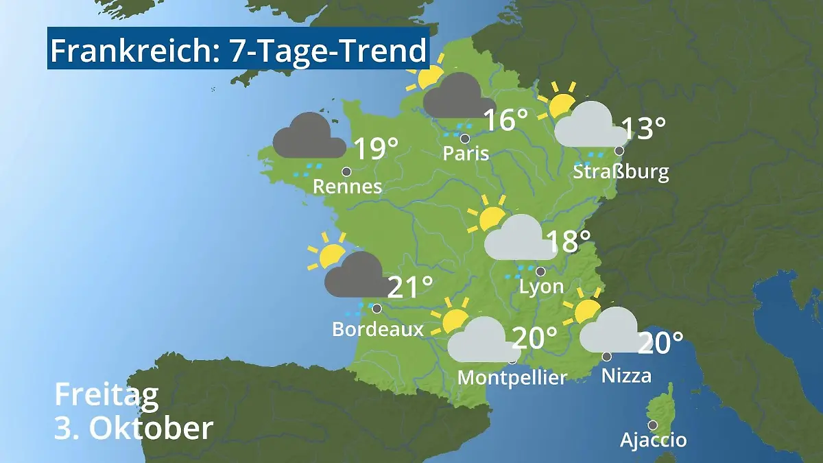 Frankreich: Wie wird das Wetter? Video 7-Tage-Trend: Paris, Straßburg, Nizza, Korsika