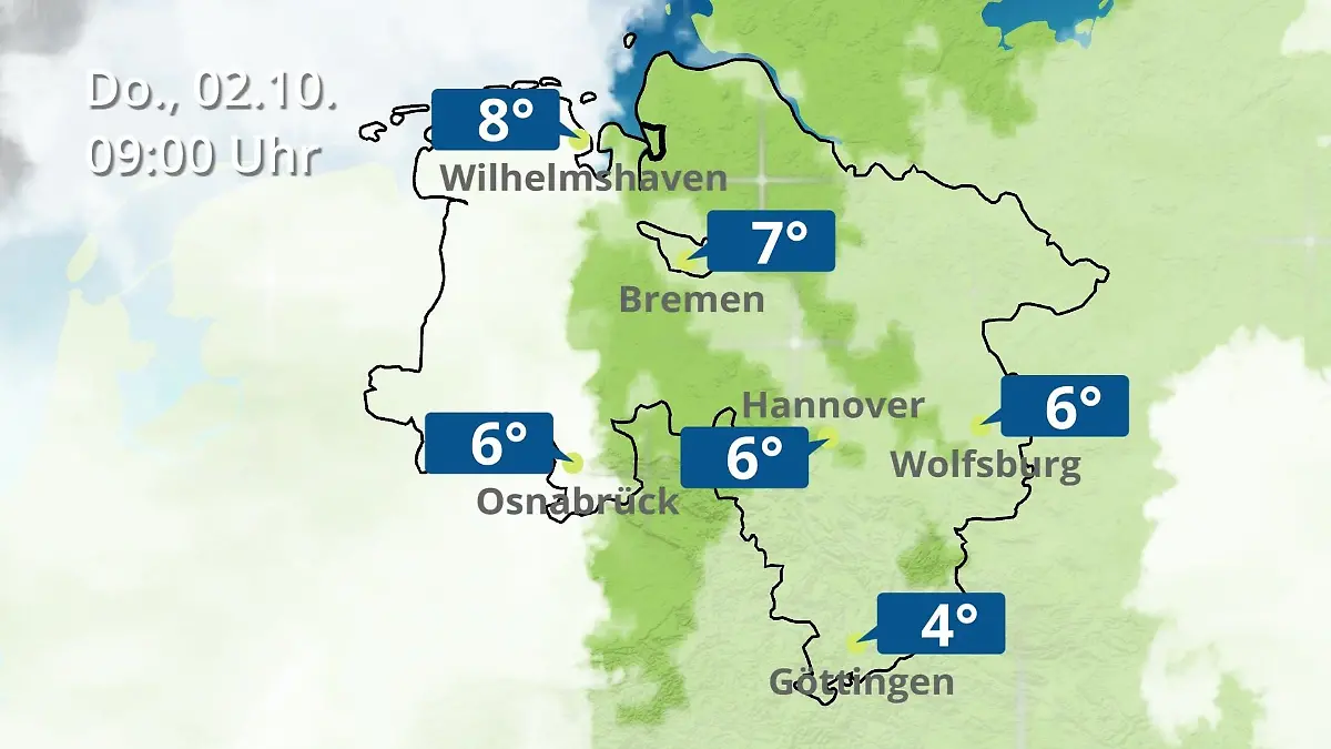 Bremen und Niedersachsen: Wie wird das Wetter? Regen- und Wolkenfilm für Hannover, Osnabrück und Wolfsburg