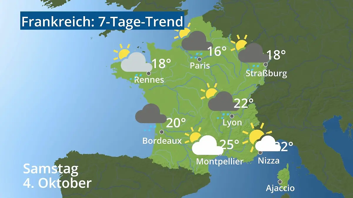Frankreich: Wie wird das Wetter? Video 7-Tage-Trend: Paris, Straßburg, Nizza, Korsika
