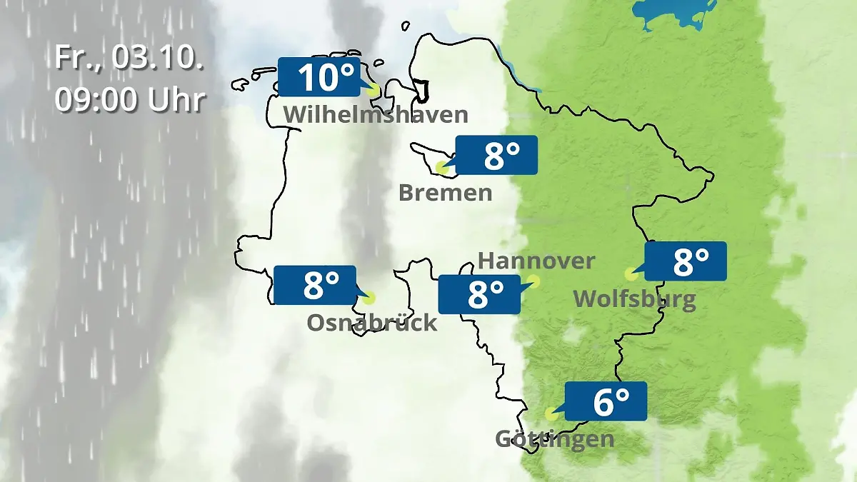 Bremen und Niedersachsen: Wie wird das Wetter? Regen- und Wolkenfilm für Hannover, Osnabrück und Wolfsburg