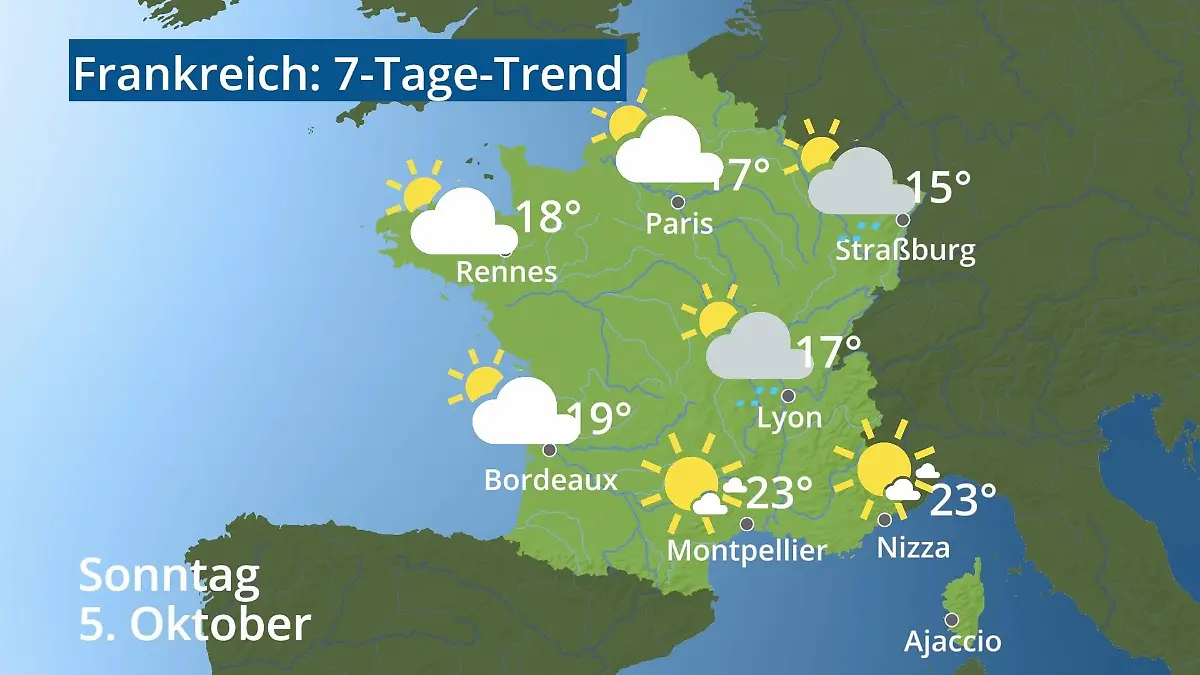 Frankreich: Wie wird das Wetter? Video 7-Tage-Trend: Paris, Straßburg, Nizza, Korsika