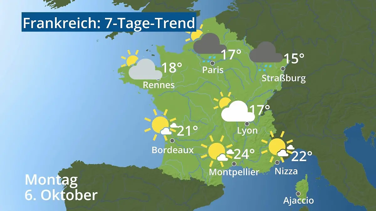 Frankreich: Wie wird das Wetter? Video 7-Tage-Trend: Paris, Straßburg, Nizza, Korsika