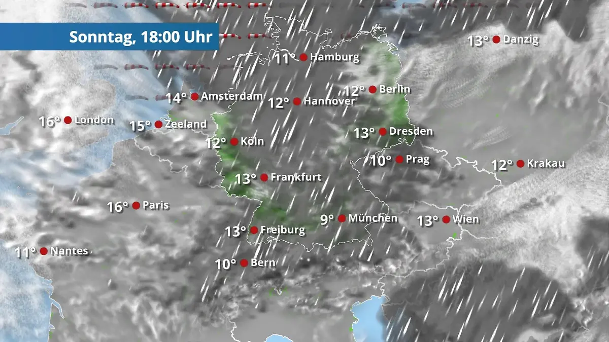 Der Sturm hält im Norden an Der Regen- und Wolkenfilm für 48 Stunden