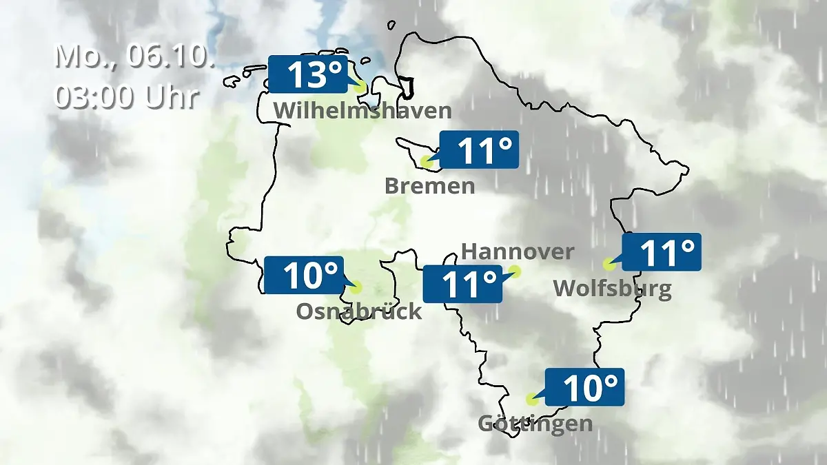Bremen und Niedersachsen: Wie wird das Wetter? Regen- und Wolkenfilm für Hannover, Osnabrück und Wolfsburg