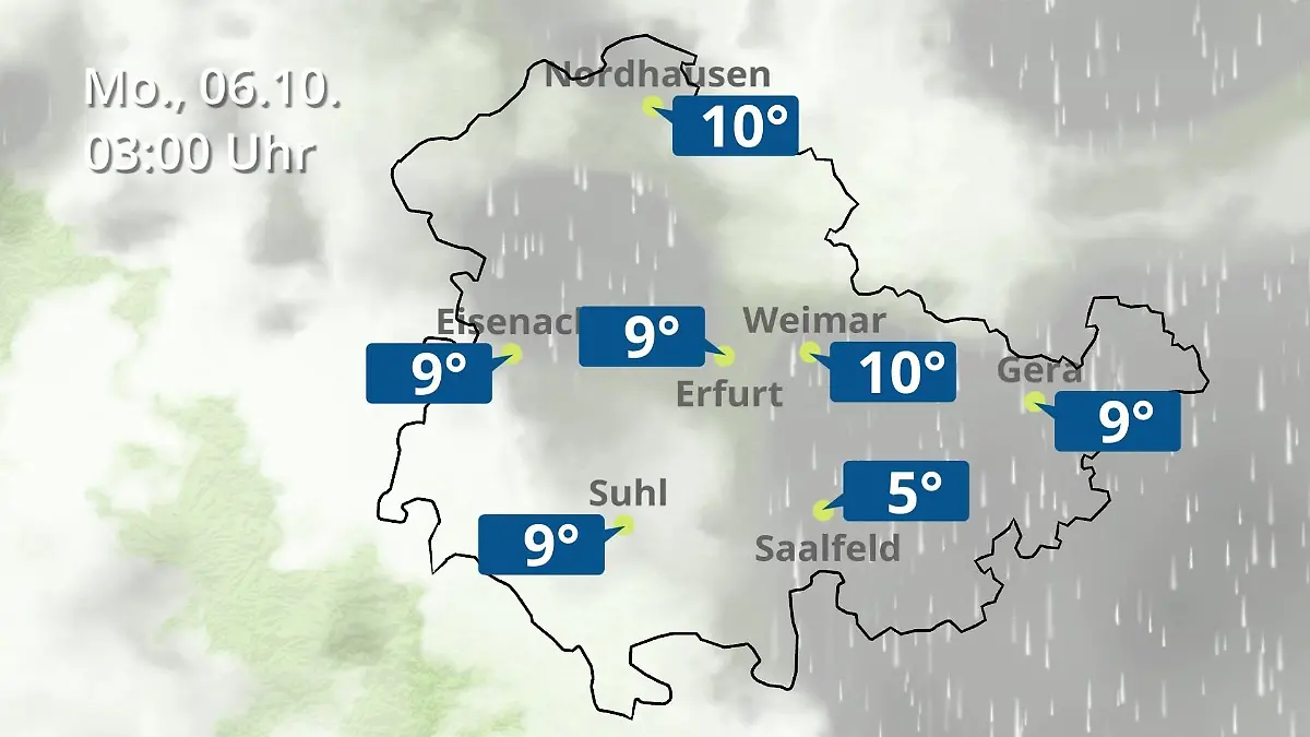 Thüringen: Wie wird das Wetter? Regen- und Wolkenfilm für Erfurt, Gera und Eisenach