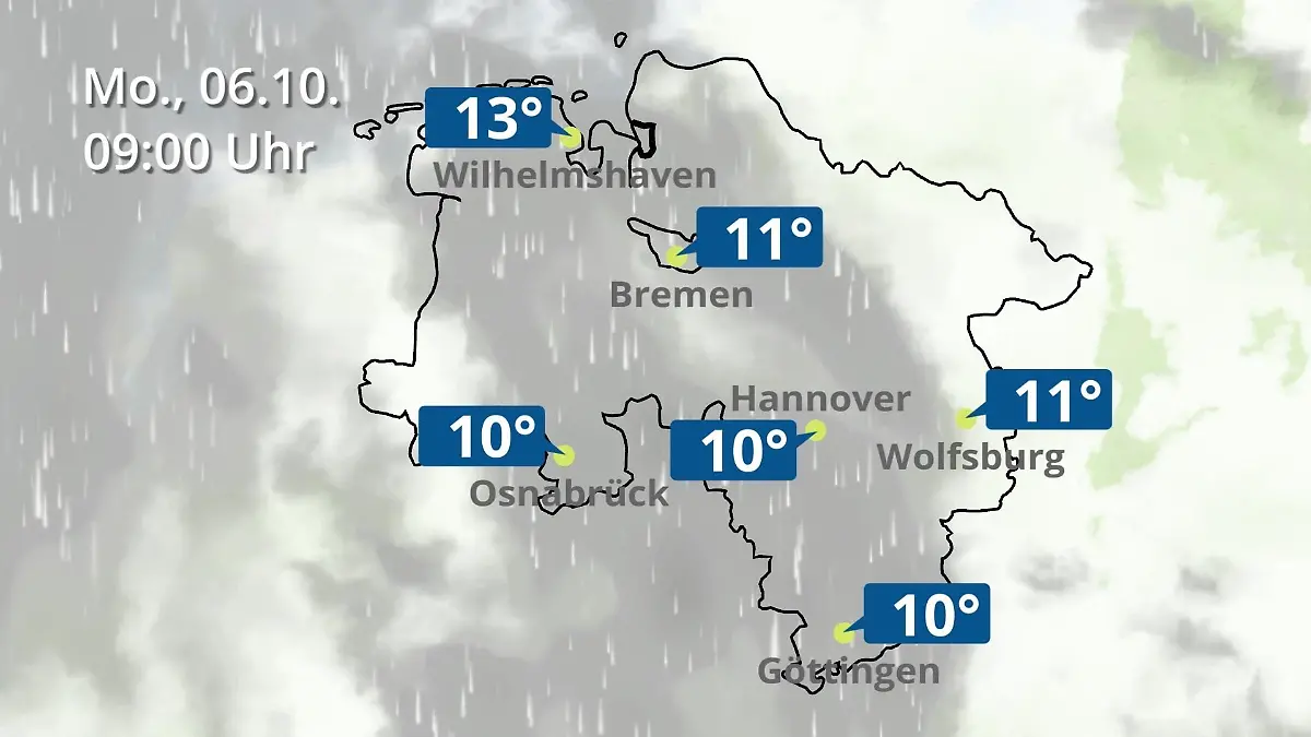 Bremen und Niedersachsen: Wie wird das Wetter? Regen- und Wolkenfilm für Hannover, Osnabrück und Wolfsburg