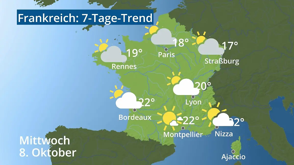 Frankreich: Wie wird das Wetter? Video 7-Tage-Trend: Paris, Straßburg, Nizza, Korsika