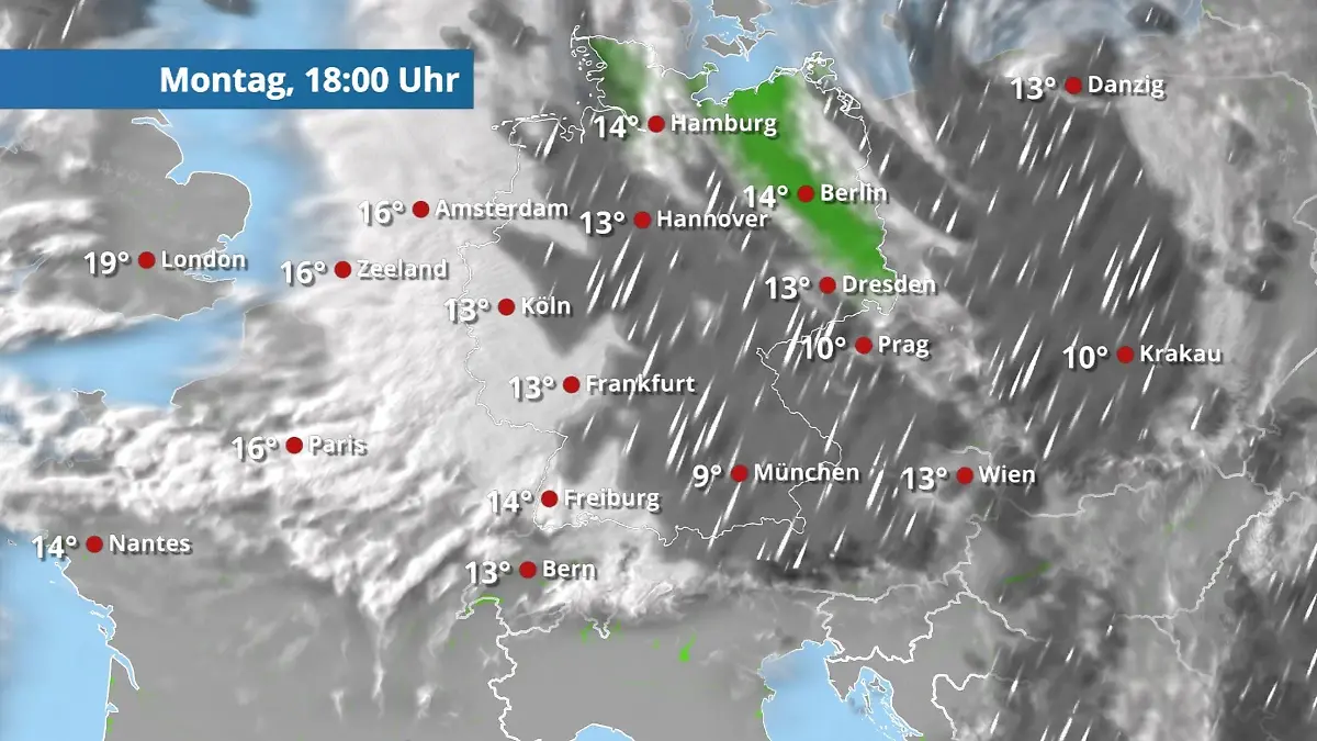 Regen erreicht fast das gesamte Land Der Regen- und Wolkenfilm für 48 Stunden