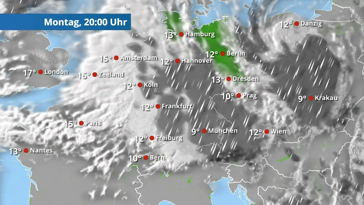 Wolken, Nebel, zeitweise Regen oder Nieselregen Der Regen- und Wolkenfilm für 48 Stunden