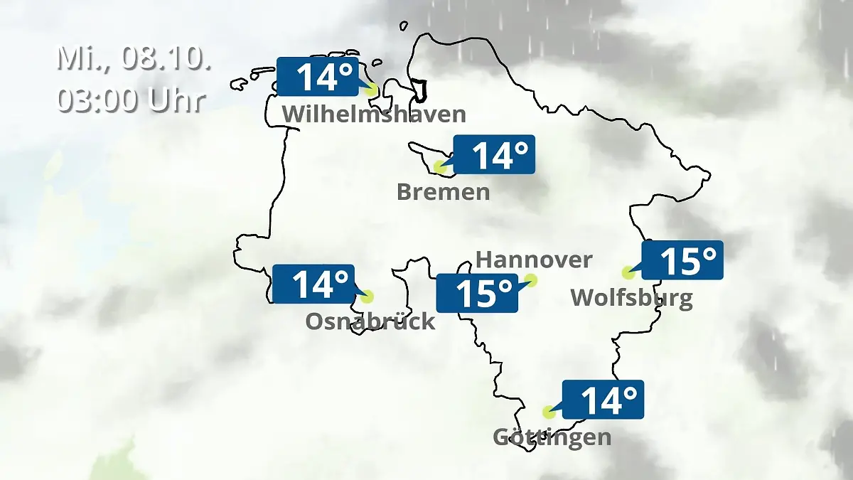 Bremen und Niedersachsen: Wie wird das Wetter? Regen- und Wolkenfilm für Hannover, Osnabrück und Wolfsburg