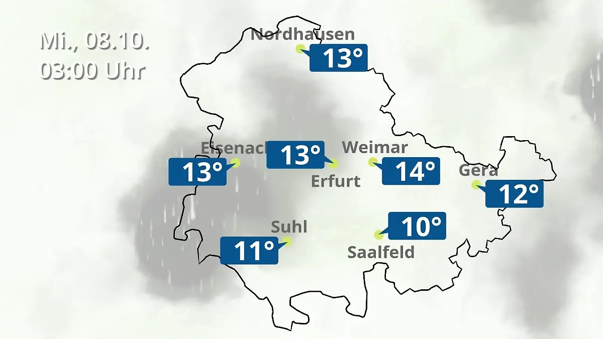 Thüringen: Wie wird das Wetter? Regen- und Wolkenfilm für Erfurt, Gera und Eisenach