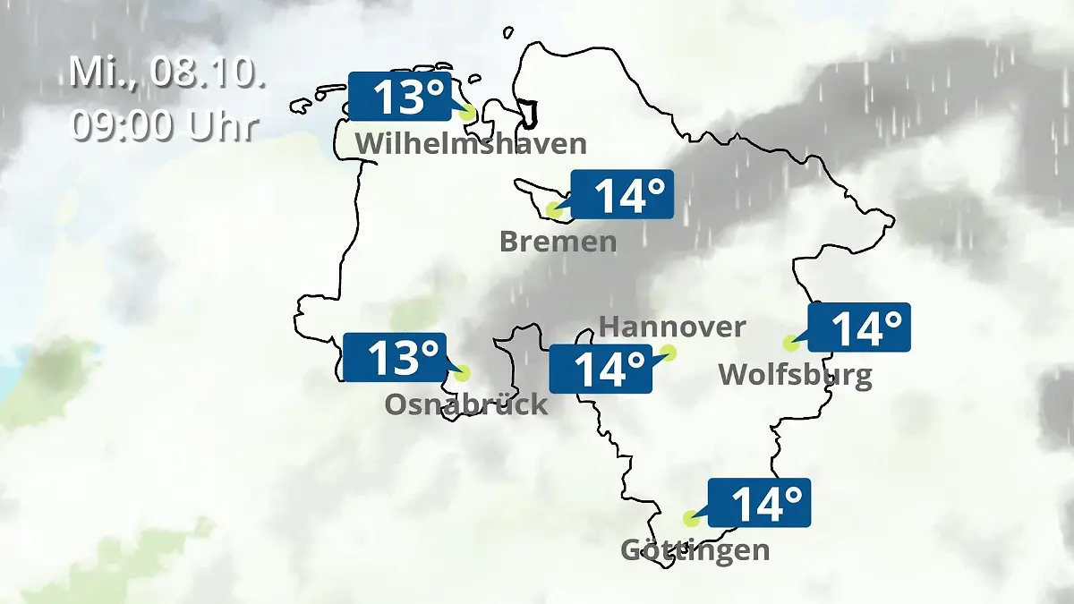 Bremen und Niedersachsen: Wie wird das Wetter? Regen- und Wolkenfilm für Hannover, Osnabrück und Wolfsburg