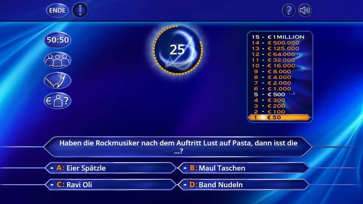 Beispiel für eine 50-Euro-Frage bei „Wer wird Millionär?“