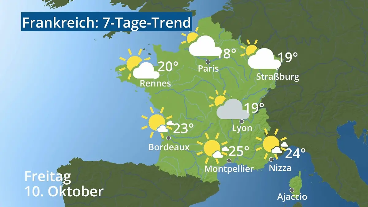 Frankreich: Wie wird das Wetter? Video 7-Tage-Trend: Paris, Straßburg, Nizza, Korsika