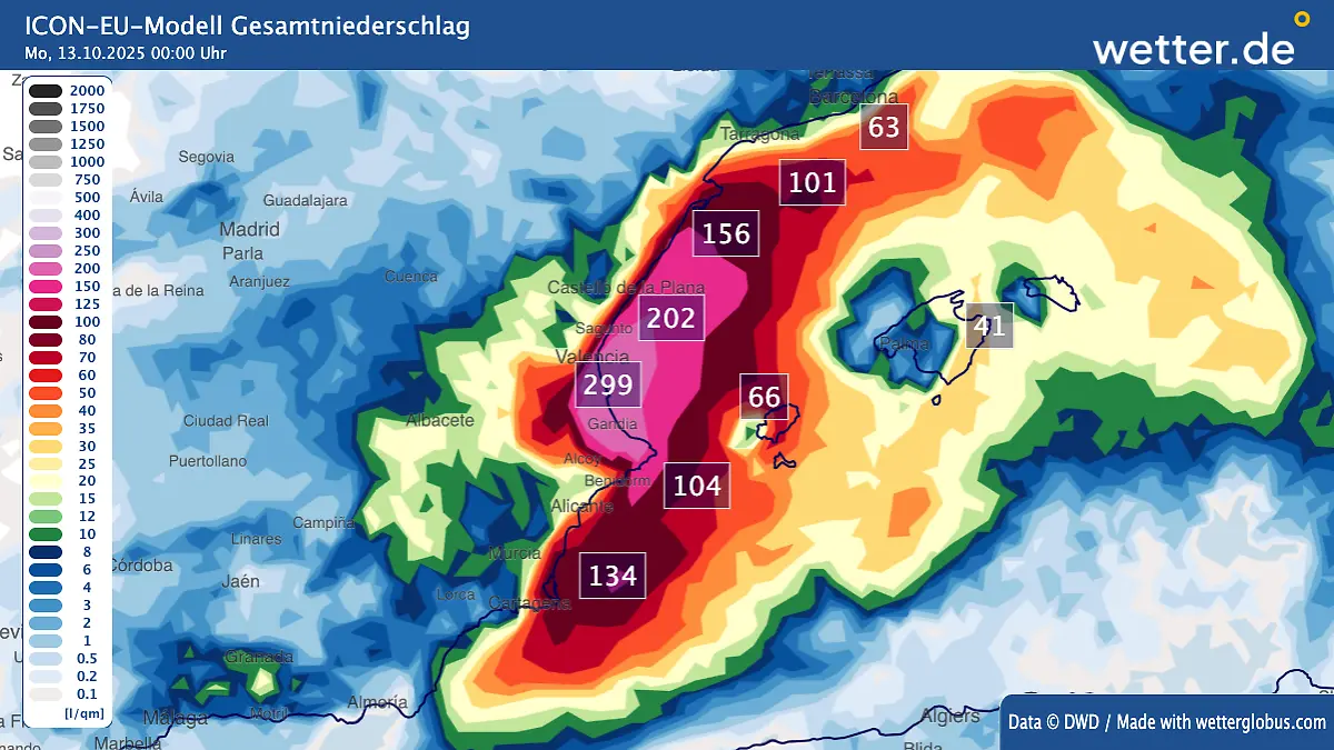 Je nach Wettermodell sind bis einschließlich Sonntag zwischen 150 und über 500 Liter Regen je Quadratmeter drin.