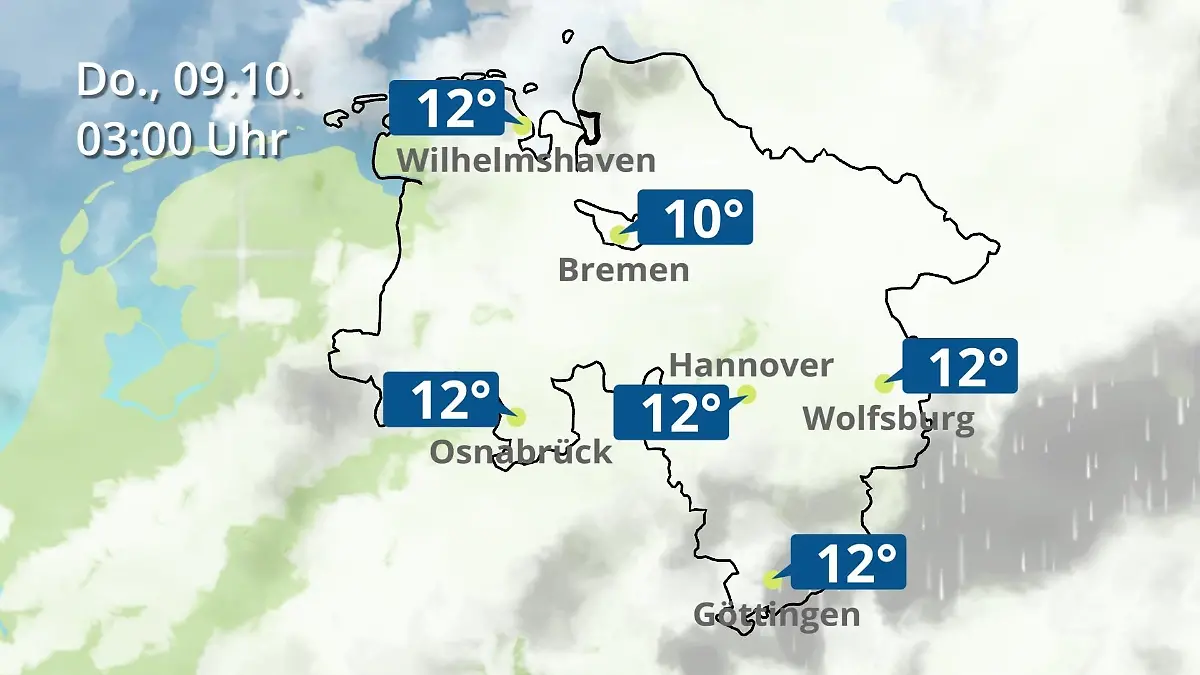 Bremen und Niedersachsen: Wie wird das Wetter? Regen- und Wolkenfilm für Hannover, Osnabrück und Wolfsburg