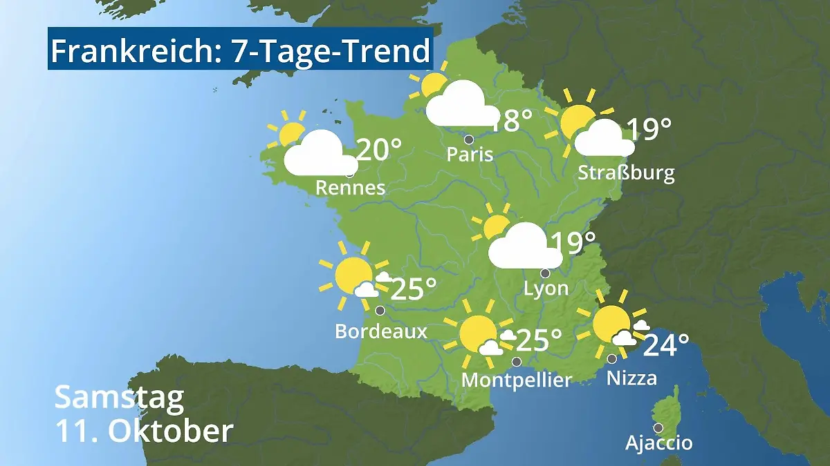 Frankreich: Wie wird das Wetter? Video 7-Tage-Trend: Paris, Straßburg, Nizza, Korsika