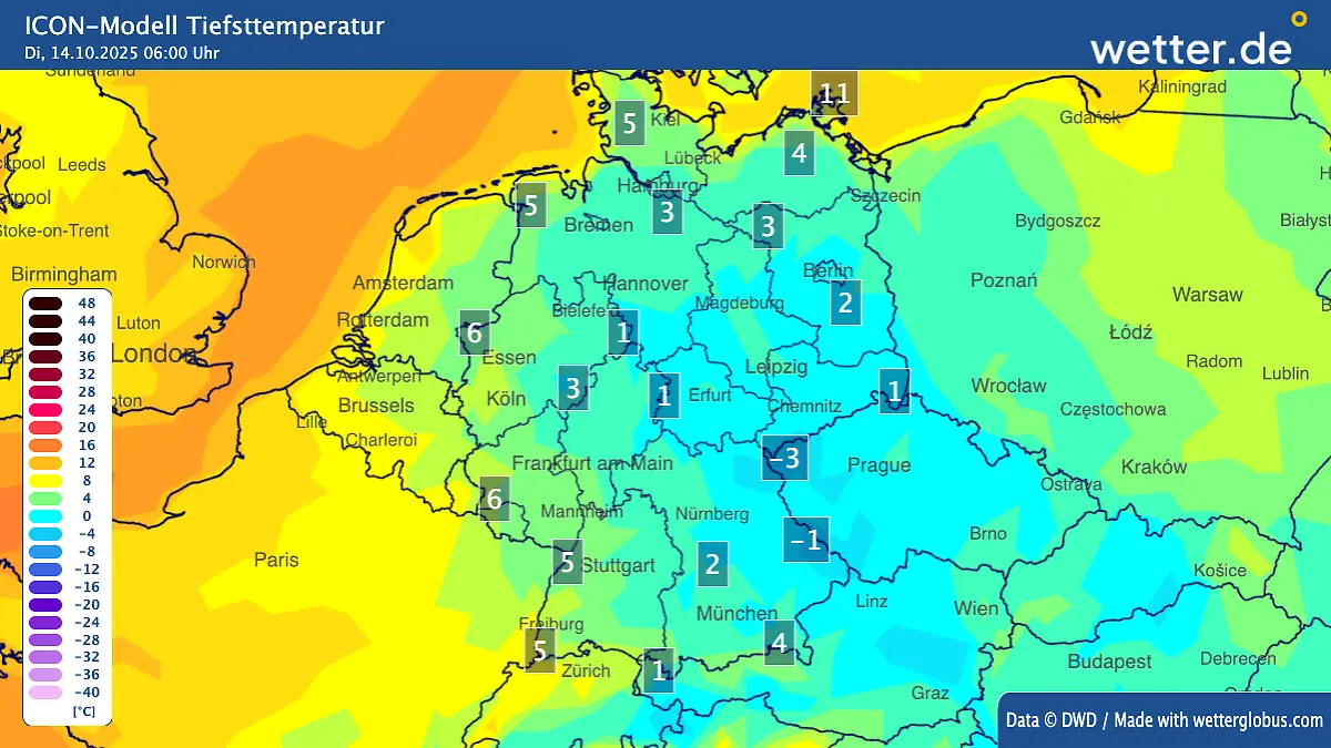 Bei diesen Temperaturen (gemessen in 2 Metern Höhe) müssen wir uns verbreitet auf Bodenfrost einstellen.