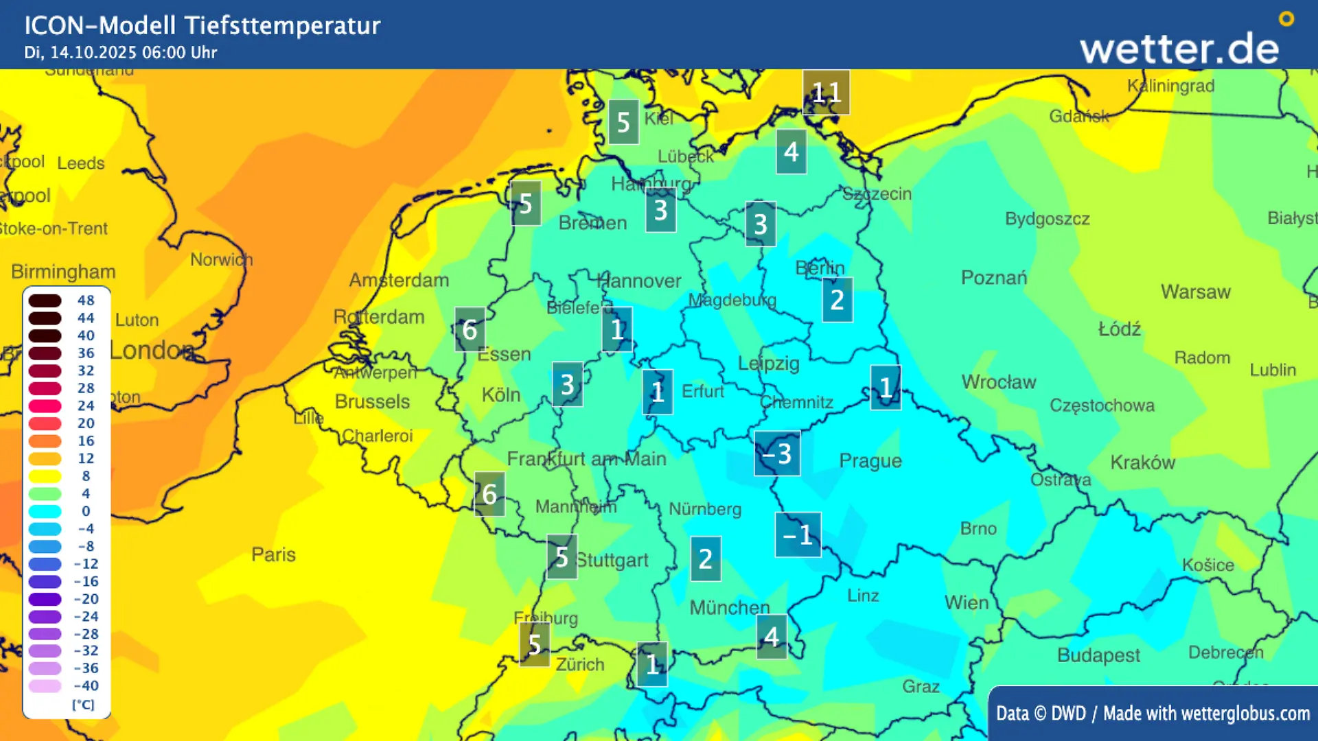 Bei diesen Temperaturen (gemessen in 2 Metern Höhe) müssen wir uns verbreitet auf Bodenfrost einstellen.