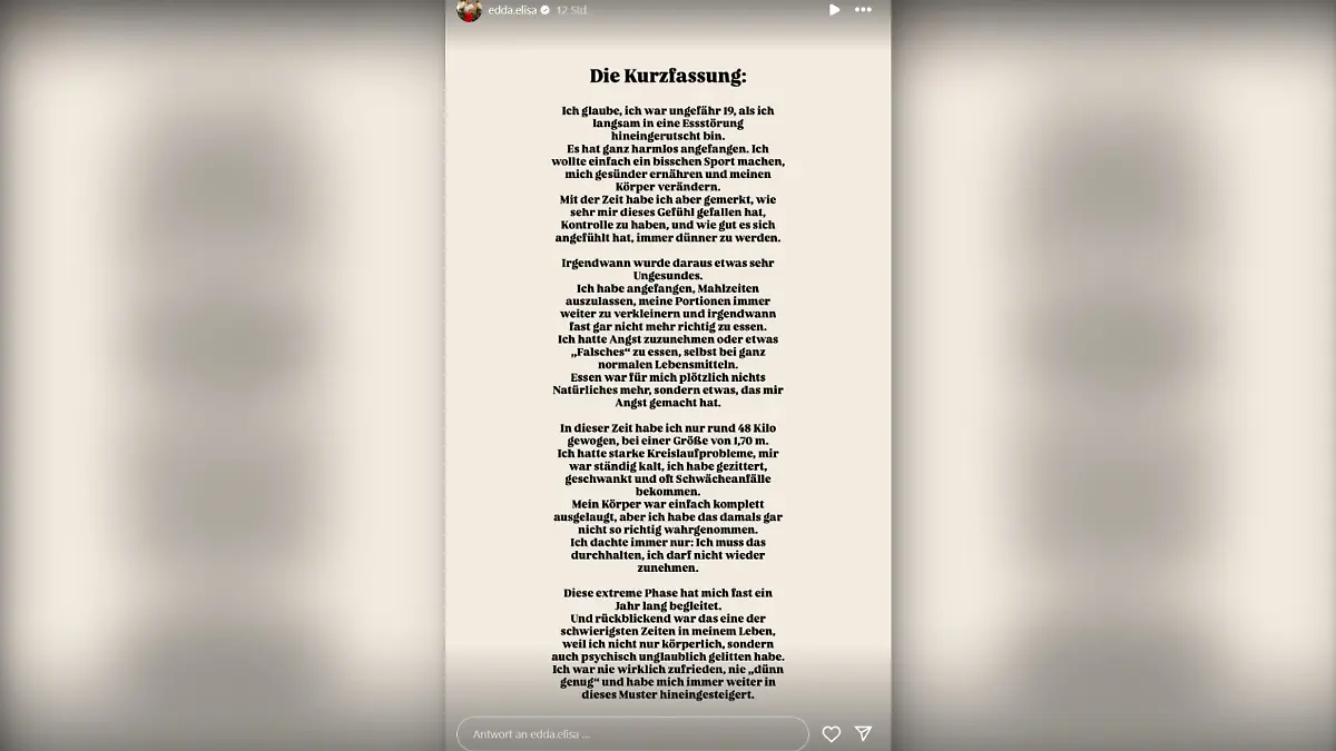 Edda berichtet in ihrer Instagram-Story von ihrer Essstörung.