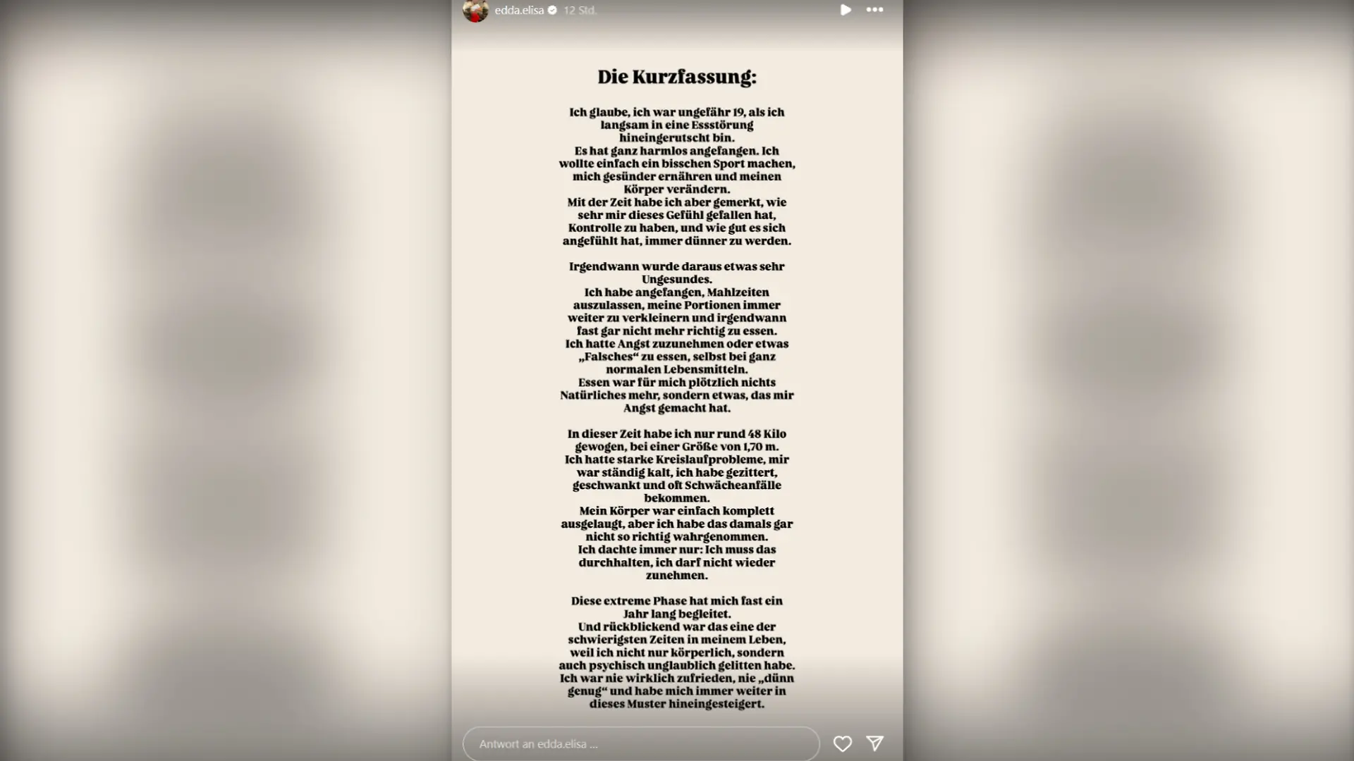 Edda berichtet in ihrer Instagram-Story von ihrer Essstörung.