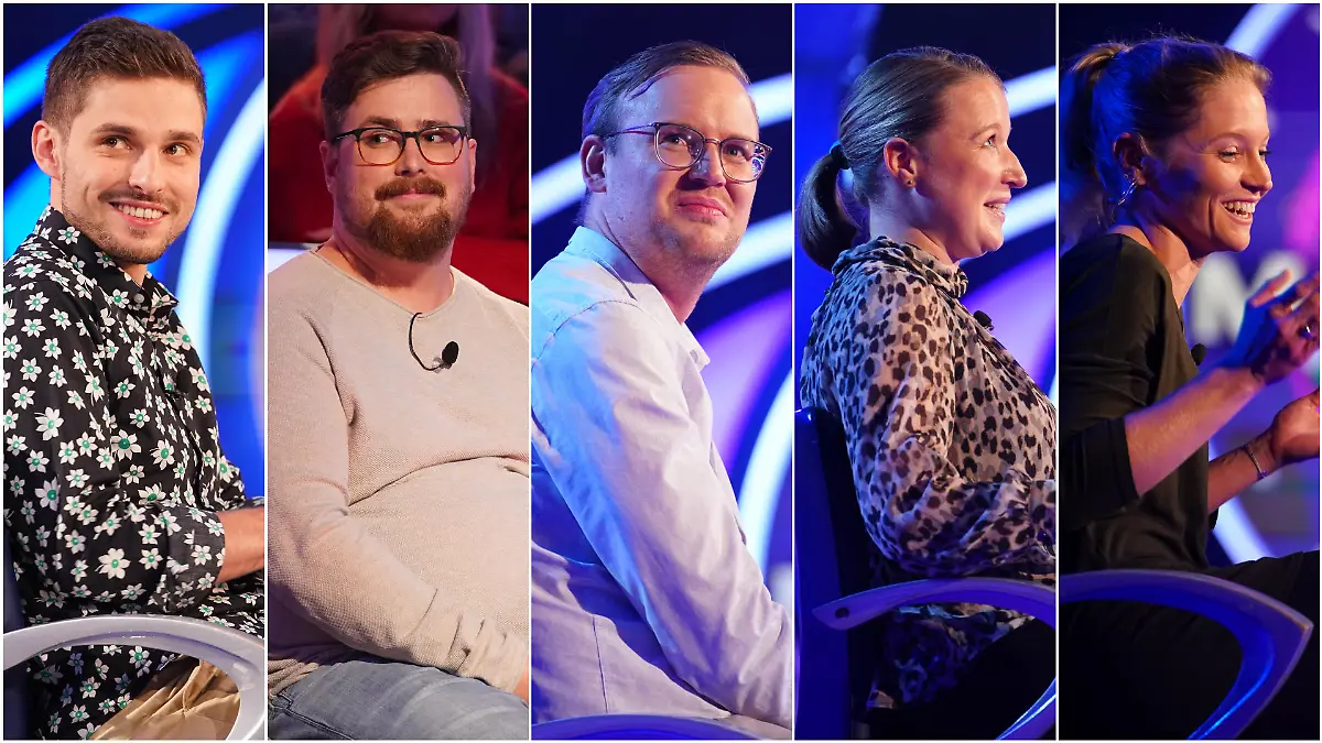 Die "Wer wird Millionär?"-Kandidaten Philipp Rubach, Stefan Heberle, Philipp Schaefer, Sabine Weisel und Janina Topp-Oesterle ziehen als letzte ins große Finale um drei Millionen Euro ein
