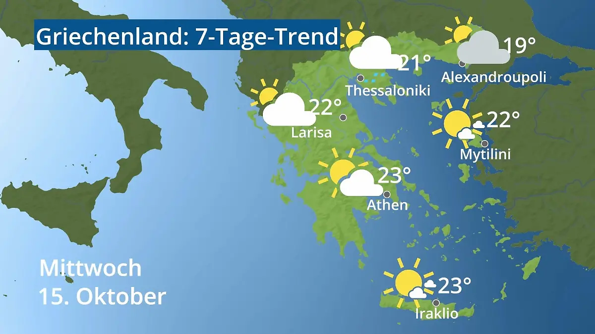 Griechenland: Wie wird das Wetter? Video 7-Tage-Trend: Athen, Kreta, Lesbos