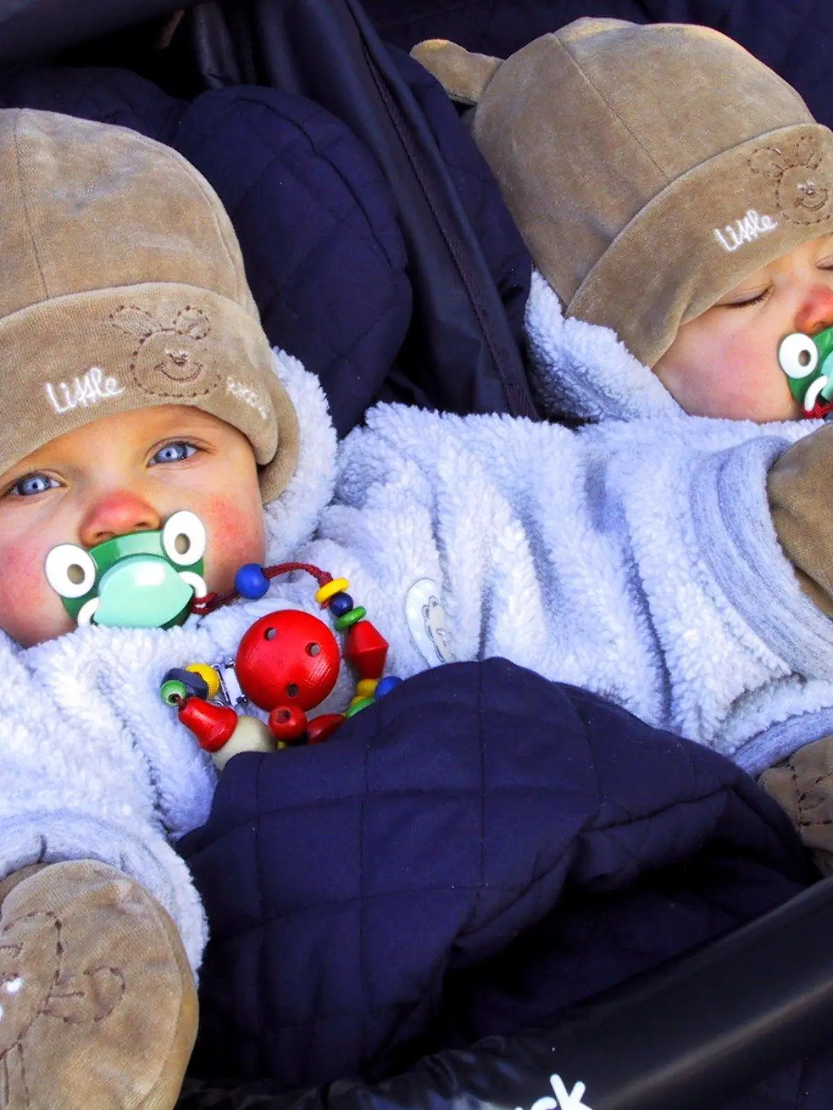 Cottbus (Brandenburg): Den warm angezogenen Zwillingen Nele (l) und Paula kann am 17.01.2000 in der südbrandenburgischen Stadt Cottbus in ihrem Kinderwagen das kalte Winterwetter nicht anhaben. In Cottbus sank die Temperatur in der voraus gegangenen Nacht auf minus neun Grad. Auch die kommende Nacht soll nach Angaben der Meteorologen erneut sehr kalt werden.  (COT01-170101)