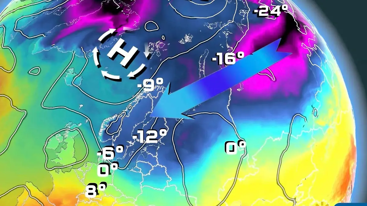 Die Wetterlage, die uns im Februar 2021 die Luft direkt aus Sibirien schickte. Es war ein schwacher Polarwirbel beziehungsweise ein nachfolgender Polarwirbel-Split, der uns am Rande der polaren Hochdruckgebiete richtige Eisluft nach Deutschland brachte.