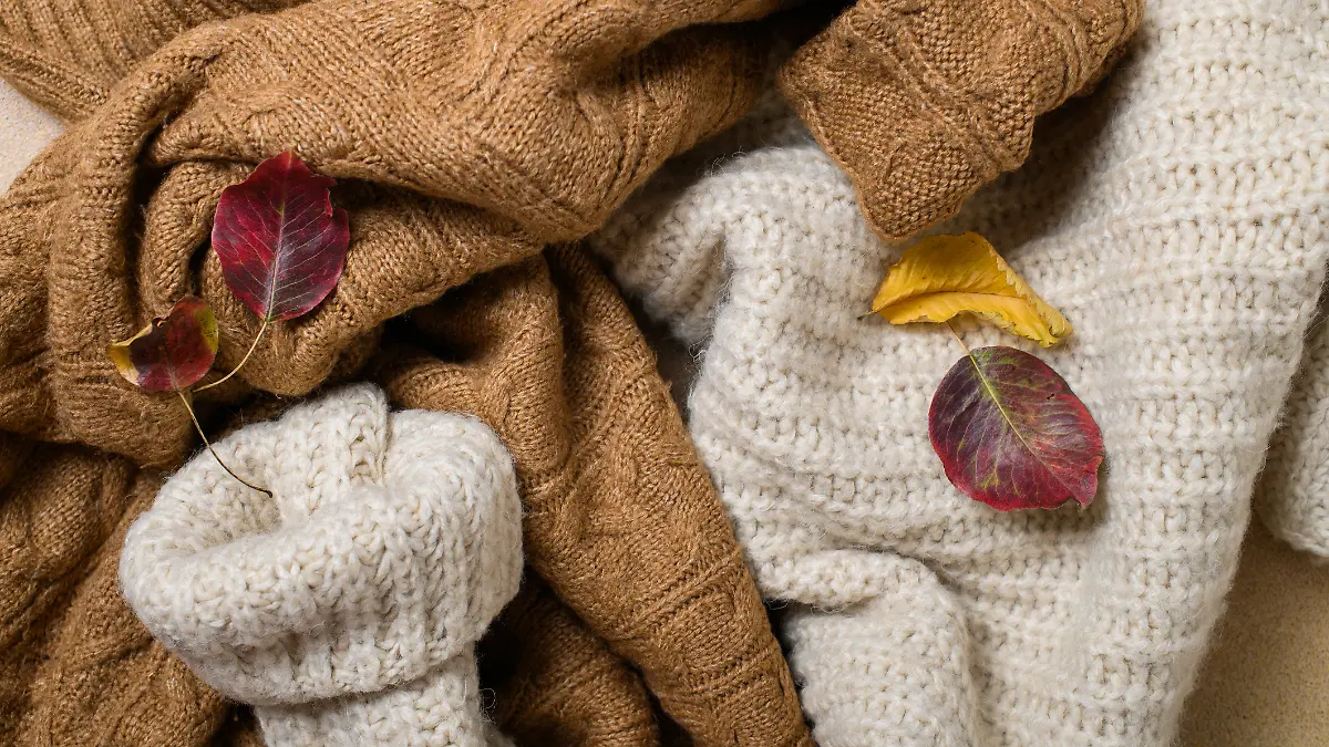 Wollpullover drapiert mit Herbstblättern.