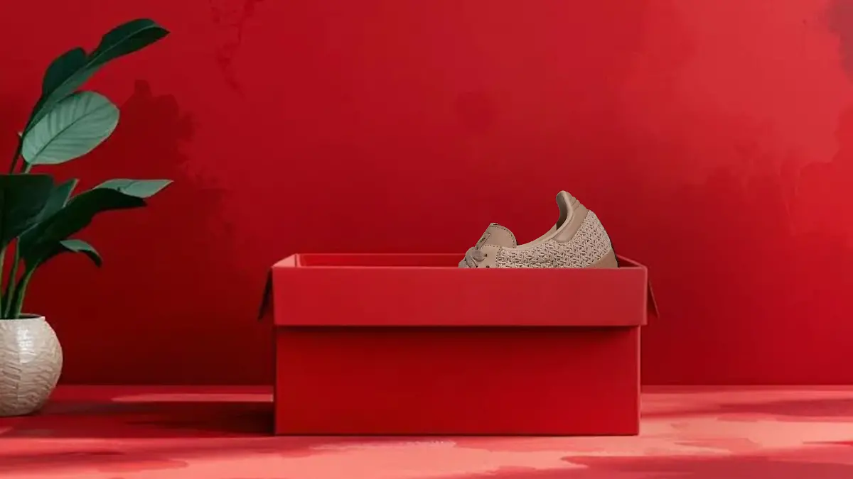 Samba-Sneaker mit Strick-Optik schaut aus einem roten Schuhkarton hervor.