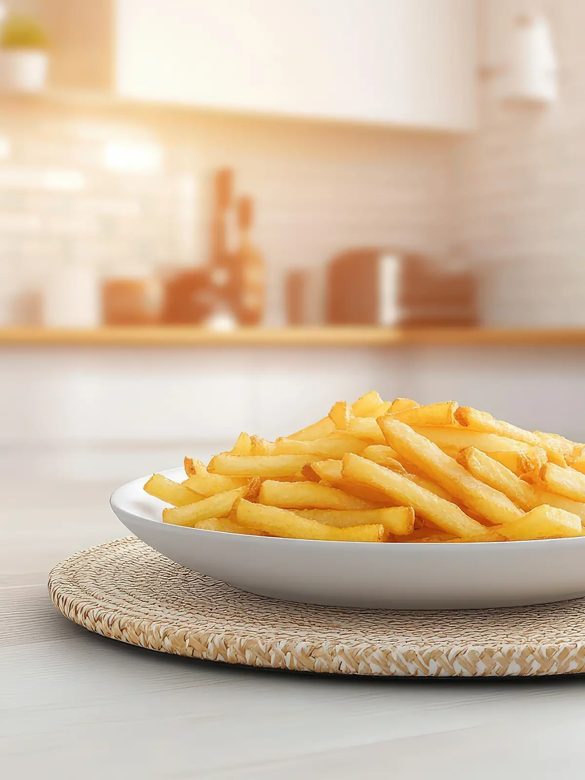 Knusprig zubereitete Pommes auf einem Teller angerichtet