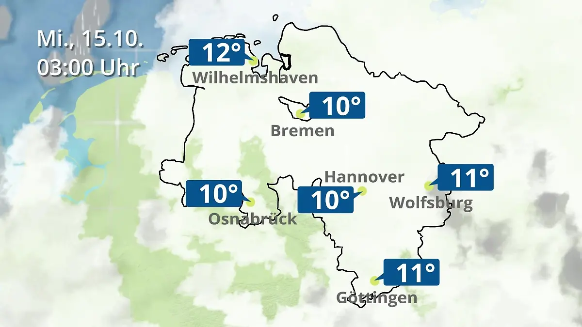Bremen und Niedersachsen: Wie wird das Wetter? Regen- und Wolkenfilm für Hannover, Osnabrück und Wolfsburg