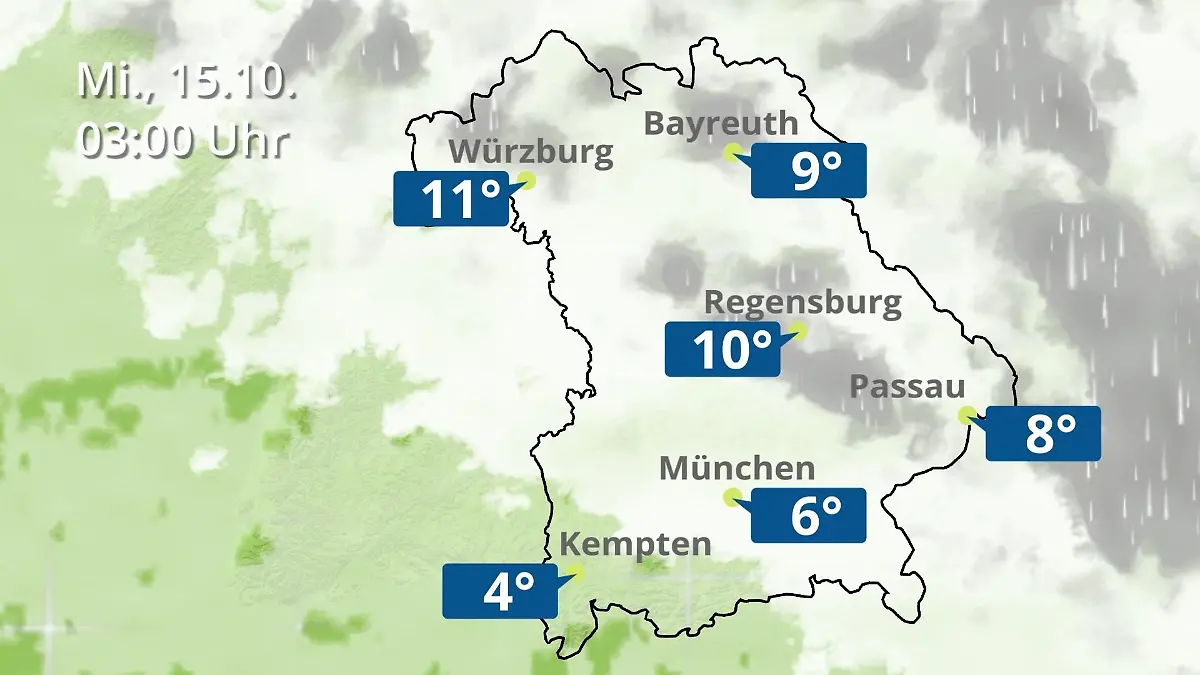 Bayern: Wie wird das Wetter? Regen- und Wolkenfilm für München, Regensburg und Würzburg