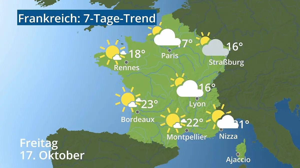 Frankreich: Wie wird das Wetter? Video 7-Tage-Trend: Paris, Straßburg, Nizza, Korsika