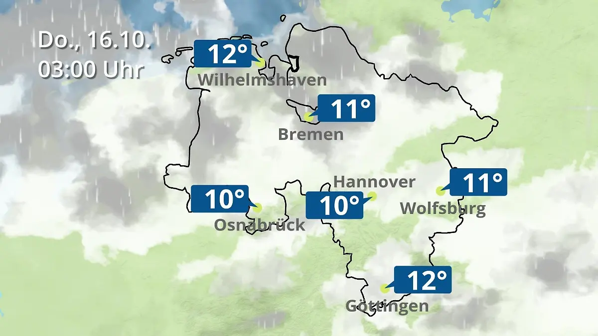 Bremen und Niedersachsen: Wie wird das Wetter? Regen- und Wolkenfilm für Hannover, Osnabrück und Wolfsburg