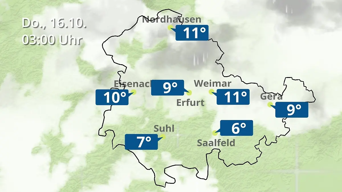 Thüringen: Wie wird das Wetter? Regen- und Wolkenfilm für Erfurt, Gera und Eisenach
