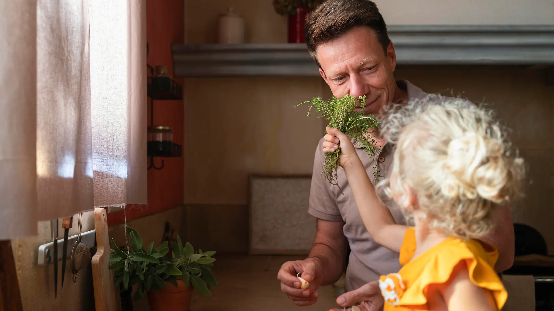 Girl holding thyme in front of father to smell in kitchen model released, Symbolfoto property released, SVKF00570