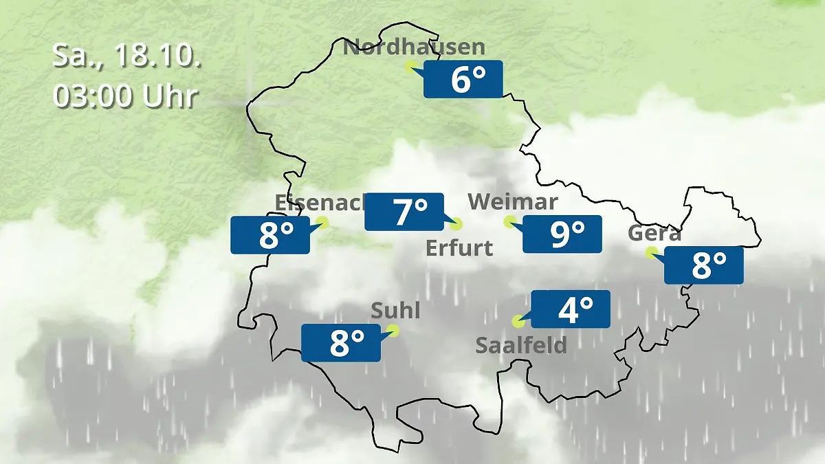 Thüringen: Wie wird das Wetter? Regen- und Wolkenfilm für Erfurt, Gera und Eisenach