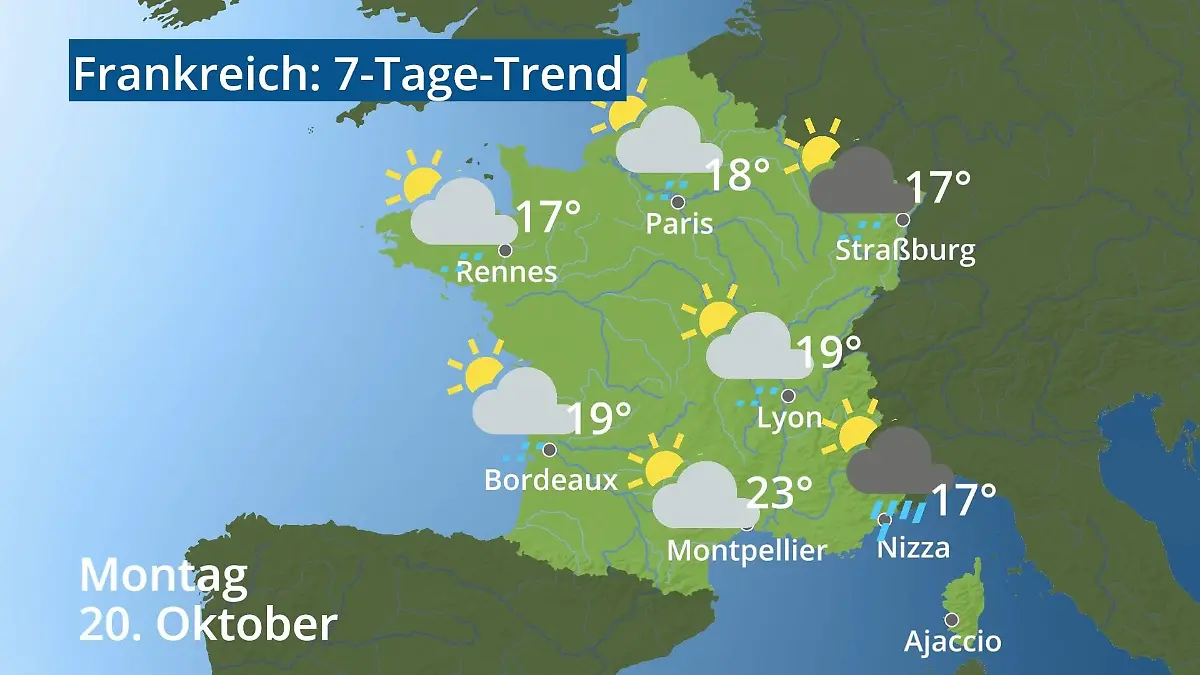 Frankreich: Wie wird das Wetter? Video 7-Tage-Trend: Paris, Straßburg, Nizza, Korsika
