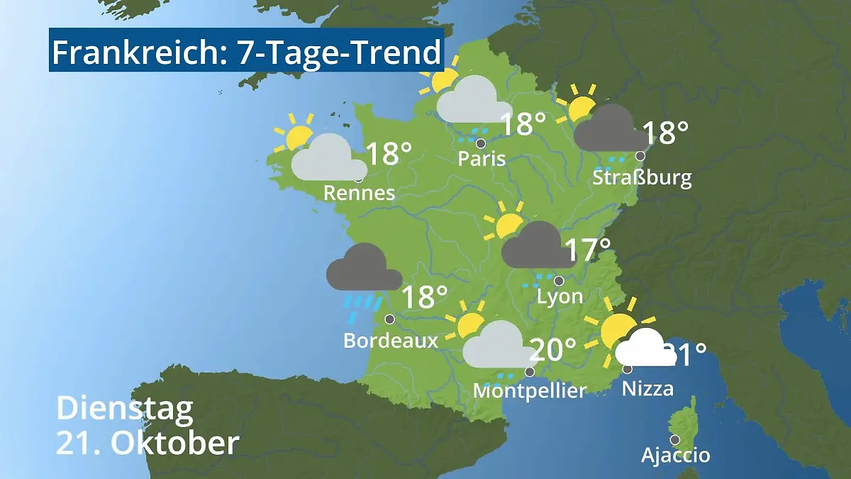 Frankreich: Wie wird das Wetter? Video 7-Tage-Trend: Paris, Straßburg, Nizza, Korsika