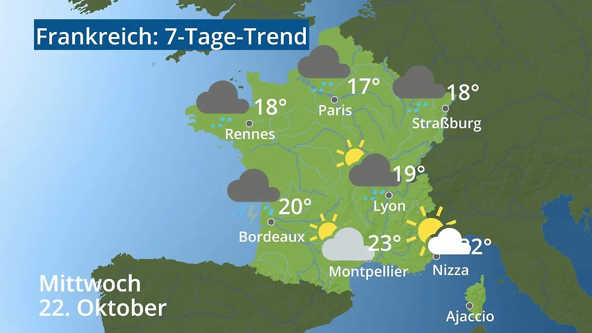 Frankreich: Wie wird das Wetter? Video 7-Tage-Trend: Paris, Straßburg, Nizza, Korsika