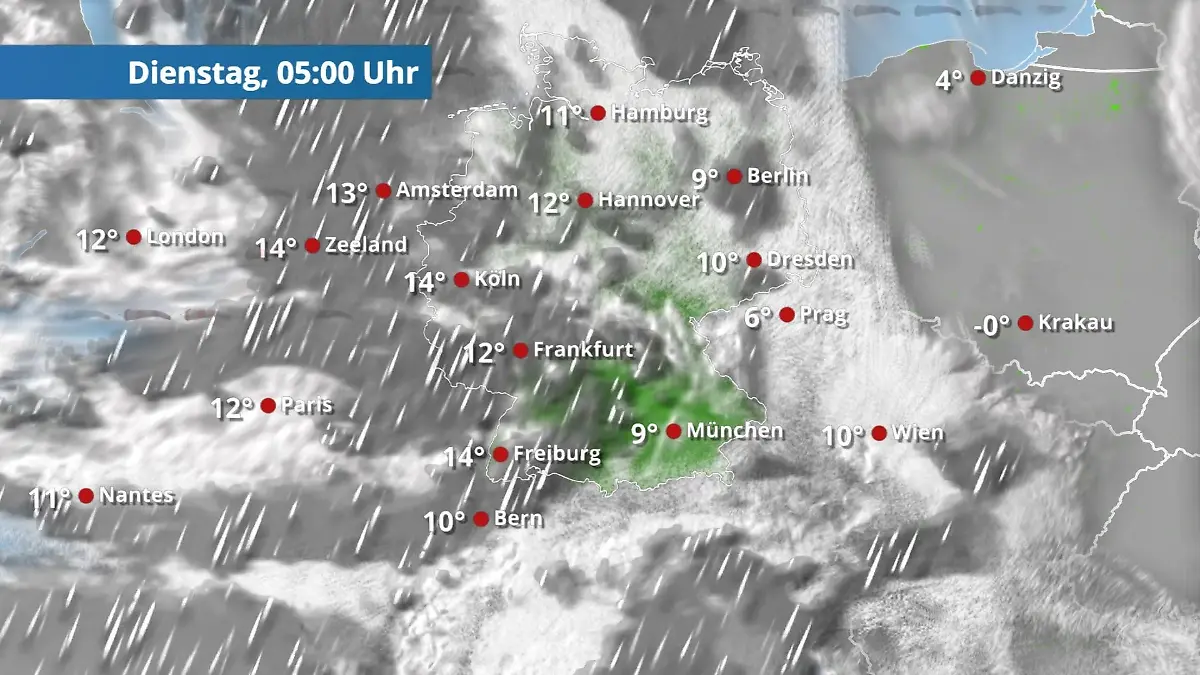 Meist nur kurze Regenpausen Der Regen- und Wolkenfilm für 48 Stunden