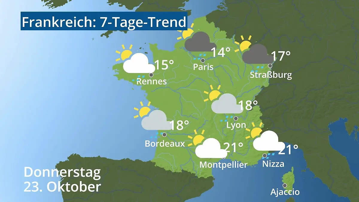 Frankreich: Wie wird das Wetter? Video 7-Tage-Trend: Paris, Straßburg, Nizza, Korsika