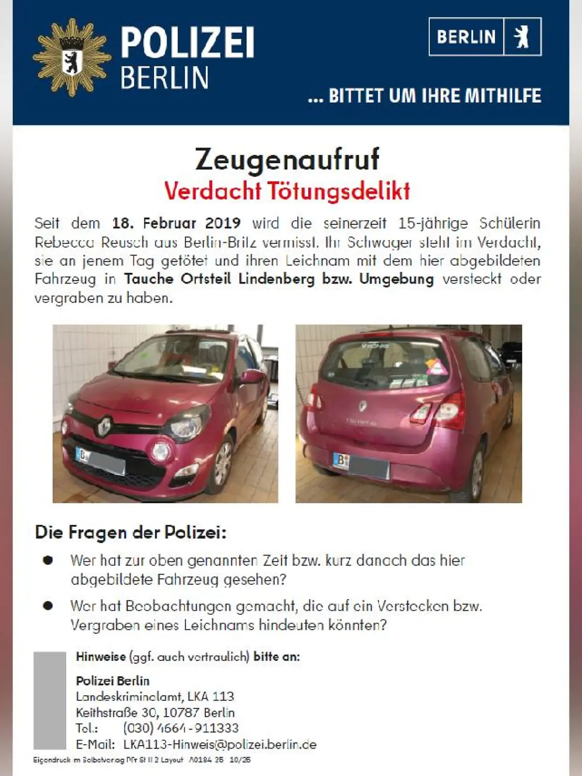 Mit diesem Flyer sucht die Polizei Zeugen