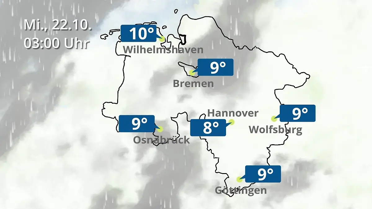 Bremen und Niedersachsen: Wie wird das Wetter? Regen- und Wolkenfilm für Hannover, Osnabrück und Wolfsburg